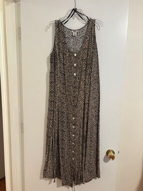 Sleeveless Leopard Print Button-Front Midi Dress - Brown